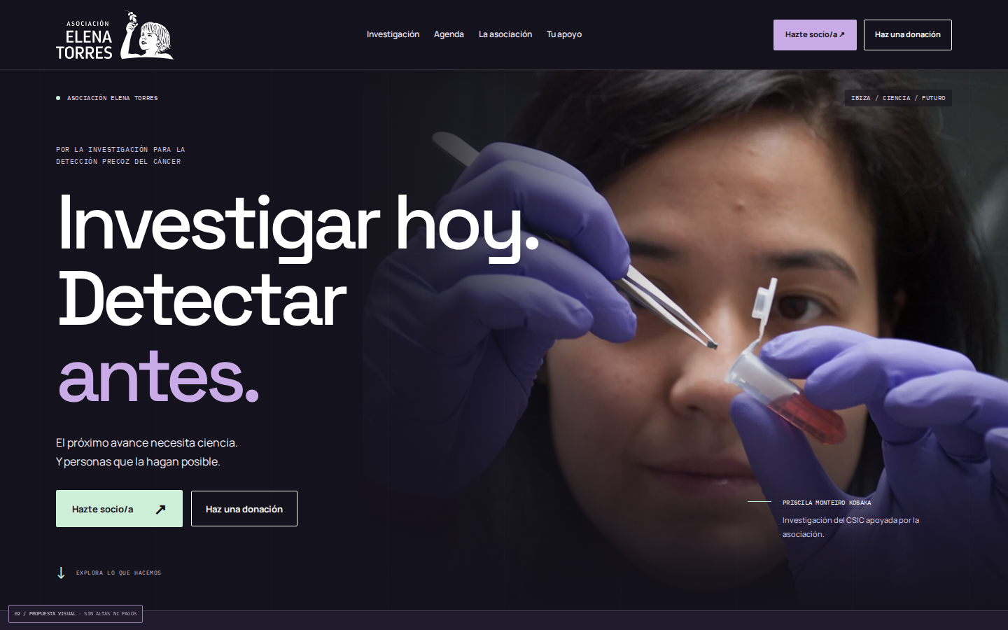 Vista previa de la propuesta 02: laboratorio real, fondos oscuros y titulares geométricos